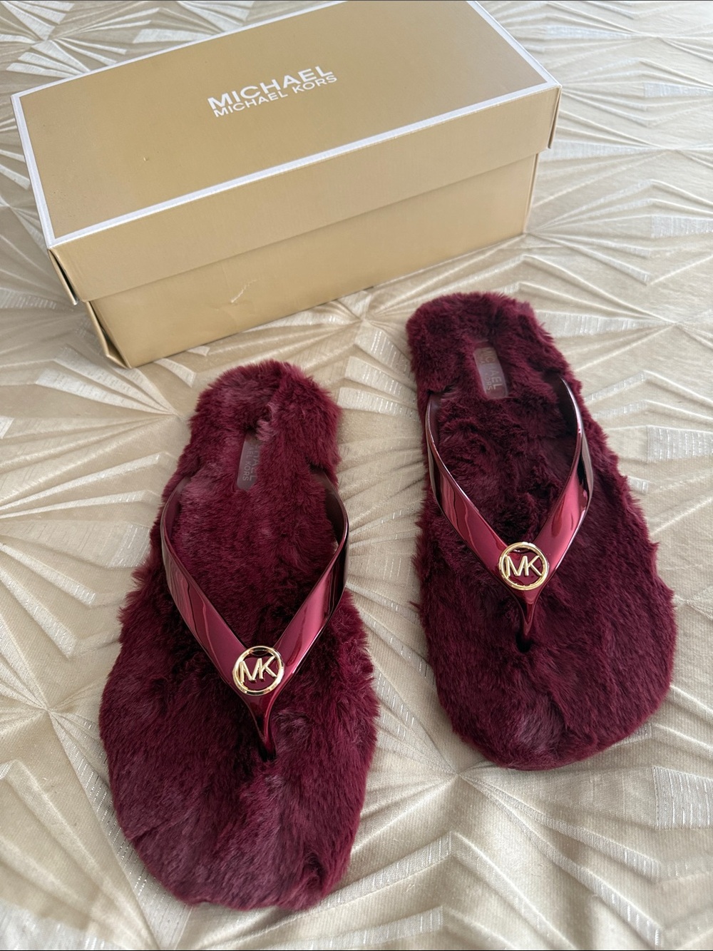 Michael Kors Women's Burgundy Faux-Fur Flip Flop Sandals with Gold MK Accent